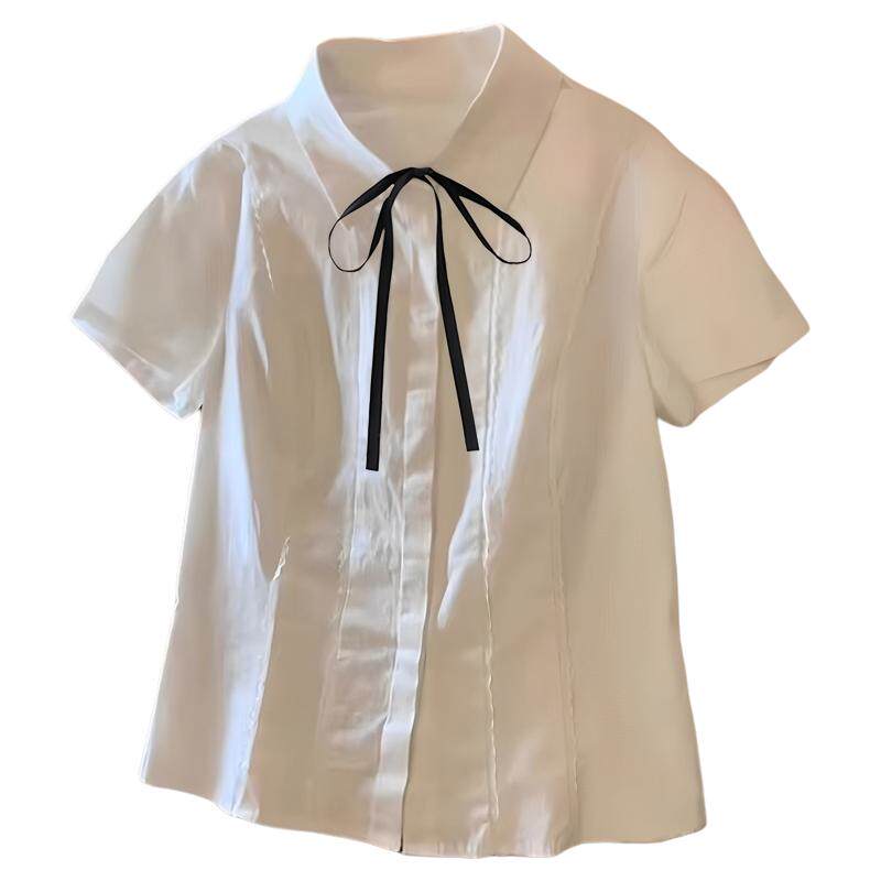 白色短袖衬衫系带蝴蝶结翻领夏设计感小个子学院风JK制服显瘦上衣