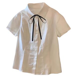 白色短袖衬衫系带蝴蝶结翻领夏设计感小个子学院风JK制服显瘦上衣