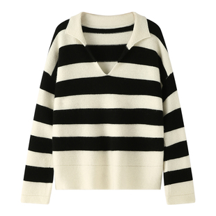 山羊绒条纹POLO领女士休闲百搭保暖秋冬外穿洋气减龄高级感毛衣潮