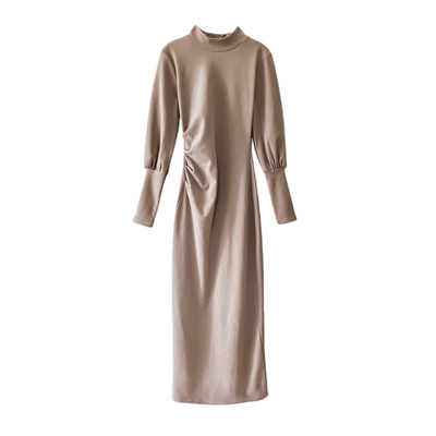 复古气质半高领灯笼袖连衣裙秋冬