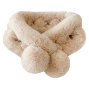 高品质定制毛毛围巾 冬季仿皮草交叉球球围脖仿獭兔毛ins保暖毛领