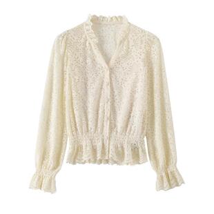 BANANA CICI2025年冬季新款甜美复古喇叭袖V领含内搭蕾丝衬衫上衣