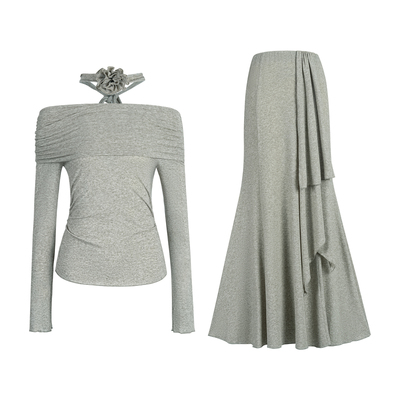 CIRCLEMOON【青玉缀】收腰一字肩大翻领长袖上衣+包臀半身裙套装