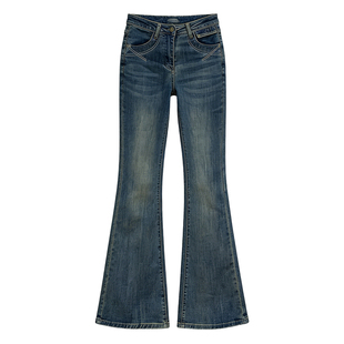 李李服饰加绒线条刺绣微喇牛仔裤女2026冬季新款设计感高腰喇叭裤