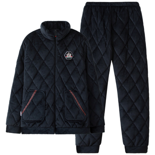 男士睡衣秋冬季加厚加绒珊瑚绒夹棉湖南省服可外穿三层家居服套装