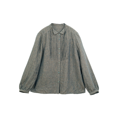 忘城N745座/大地低语/新款17支色织亚麻正肩塔克褶复古文艺衬衫女