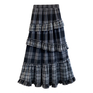 秋冬新款复古格纹小众不规则木耳边拼接半身裙高腰显瘦气质长裙女