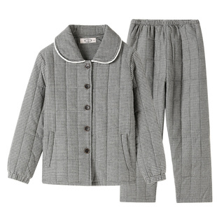 美标秋冬女士三层加厚夹棉全棉睡衣格子可外穿棉袄纯棉家居服套装