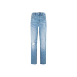 【免费改裤】CK Jeans四季款女浅蓝色破洞毛边高腰修身直筒牛仔裤