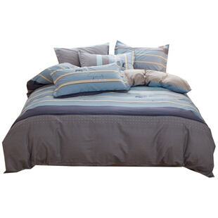 高密度床上纯棉四件套深灰藏青天蓝杏黄色条纹全棉床单床笠款套件