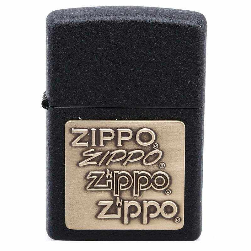zippo打火机原装黑裂漆黄铜贴章