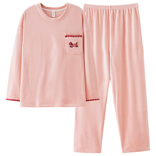 睡衣女冬季海岛绒加厚保暖秋冬天圆领女士珊瑚绒简约两件套家居服