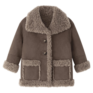 萌校长女童麂皮绒皮毛一体机车服男童皮衣冬季新款儿童羊羔毛外套