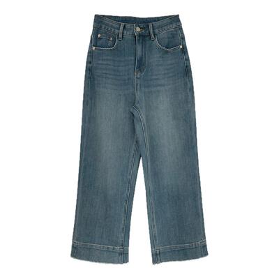 花边直筒四面弹春季牛仔裤女