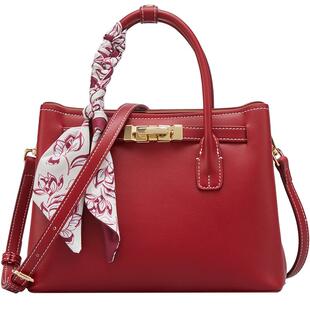 意尔康女士包新款丝巾手提包酒红色妈妈婚包托特包斜挎包单肩包