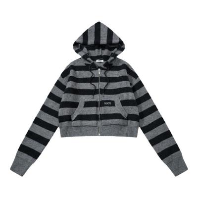 ●callmebabysoft韩国ason短款拉链连帽条纹针织毛衣开衫外套女