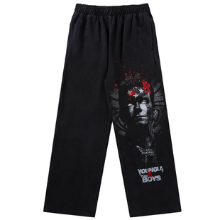 YOUNGLA宽松大印花中青年棉长裤休闲直筒卫裤跑步训练篮球裤子薄