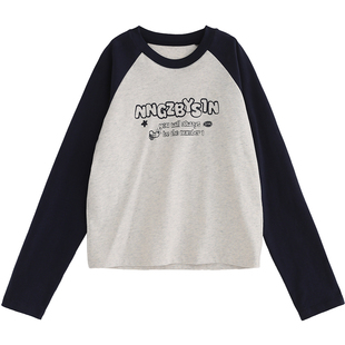 诺诺公主S1N初中生圆领长袖T恤女春秋韩系休闲撞色字母插肩袖上衣