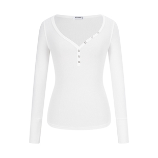 MosesQueen魔西女王白色v领长袖t恤女春季内搭打底衫收腰显瘦上衣