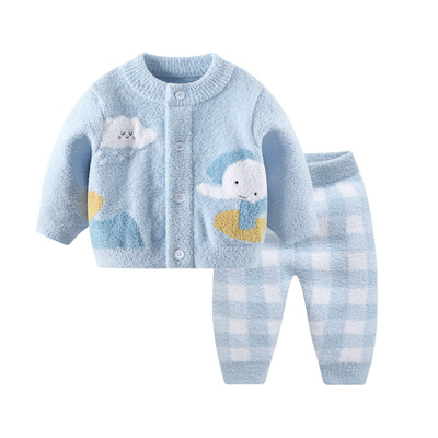 宝宝加厚半边绒毛衣婴儿套装