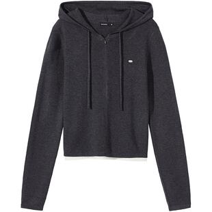 热风2025冬季新款女士假两件带帽针织衫卫衣两色拉链通勤款上衣女