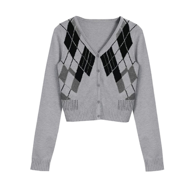 灰色韩系复古菱格v领针织开衫女爆款小众设计感修身显瘦短款上衣