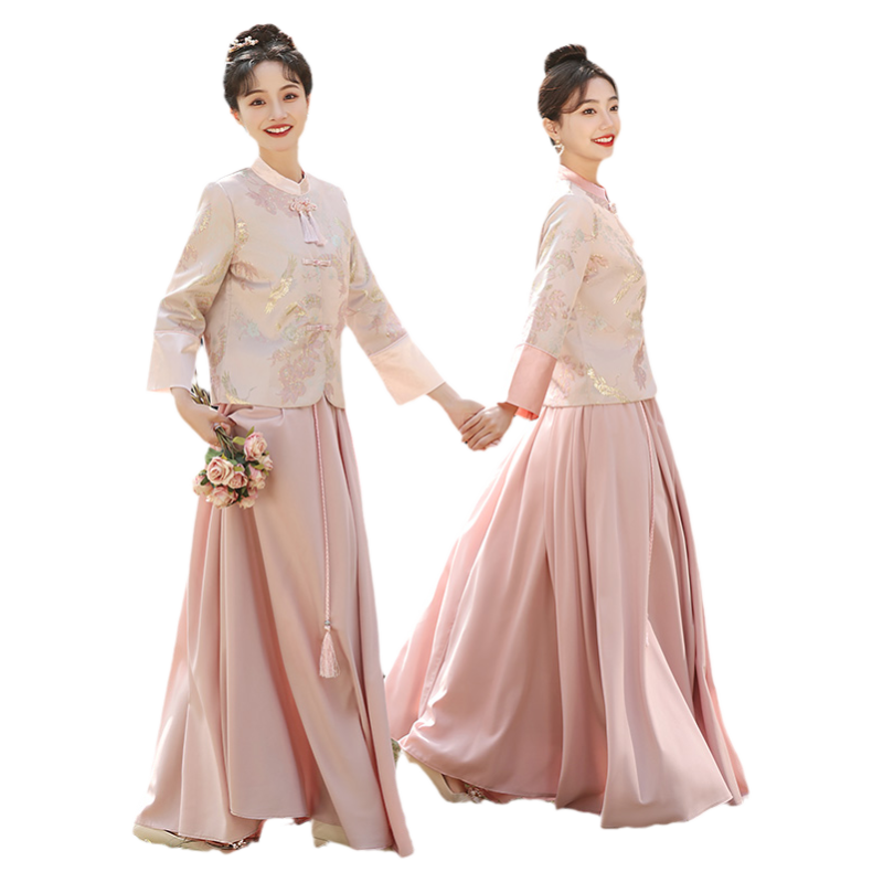 新中式伴娘服粉色2025新款秋冬长袖仙气质高级感唐装姐妹团礼服裙