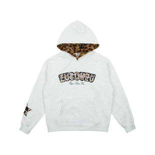 EU/EUSOUEU 豹纹贴布绣兔毛填充帽撞色印花休闲百搭情侣连帽卫衣