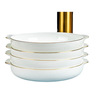 福恩世金边双耳盘家用陶瓷纯白骨瓷餐具中式餐盘加大加深口圆饭盘