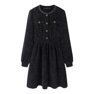 拉夏贝尔/La Chapelle赫本风闪闪长袖连衣裙女冬季新款圣诞小黑裙