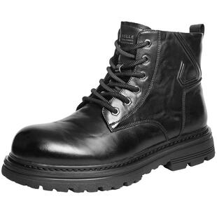 百丽男鞋加绒保暖休闲牛皮马丁靴子男士冬季工装短靴8XY01DD5