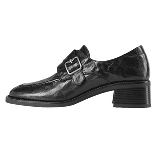 西村名物黑色乐福鞋女软底羊皮粗跟深口单鞋圆头皮带扣中跟小皮鞋