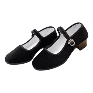 京叶红老北京一带高跟布鞋女士中跟平绒黑色系带舞蹈鞋饭店工作鞋