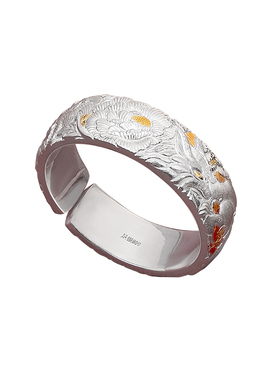 足银999镶金幻狐媚影银手镯女浮雕牡丹宽版手镯复古高级感银饰品