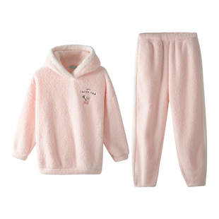 爱帝珊粒绒情侣家居服套装睡衣秋冬加绒加厚珊瑚绒连帽可外穿男女