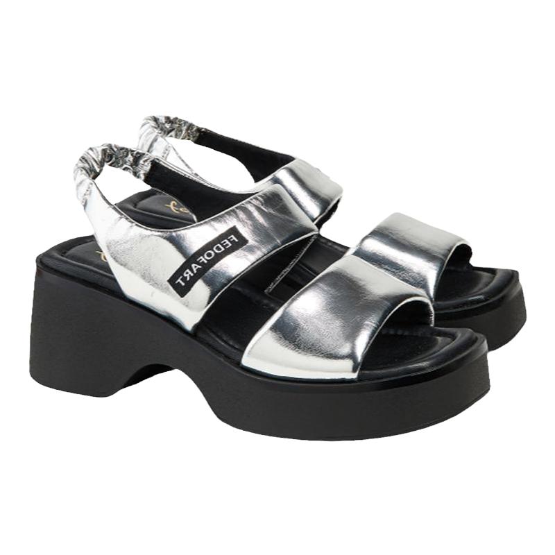 fed厚底银色凉鞋夏季新款女鞋一字带粗跟沙滩凉鞋女款D0617-YA653