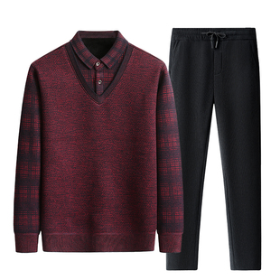 爸爸冬装套装新款中年男士本命年红色加绒保暖毛衣中老年裤子男装