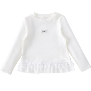 女童长袖T恤春装2026新款女孩芭蕾风花边打底衫女孩白色内搭上衣