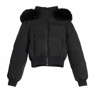 美式复古黑色毛领连帽收腰羽绒棉服女冬季短款加厚保暖高级感外套