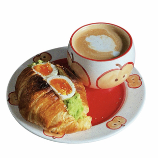 苹果手绘盘子杯子早餐盘红色盘咖啡杯拍照拉花杯设计师家居餐具