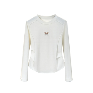 她池简约打底衫2026春季新款女装捏褶收腰修身圆领短款长袖T恤