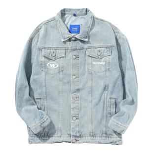 WASSUP星标字母logo牛仔外套男秋冬复古街头情侣休闲开衫夹克上衣