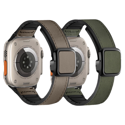 适用苹果ultra2/3手表applewatch S9/10透气11疯马皮纹表带磁吸扣真皮iwatchS8智能运动S7/6高级男秋冬透气