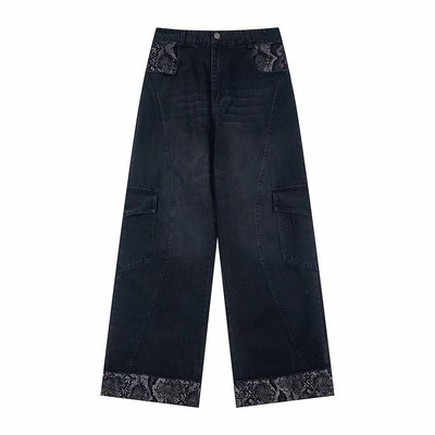 做旧牛仔男女宽松工装长裤子