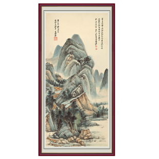 张大千山水画玄关装饰画中式名家国画竖款茶室禅意仿古画自粘贴画
