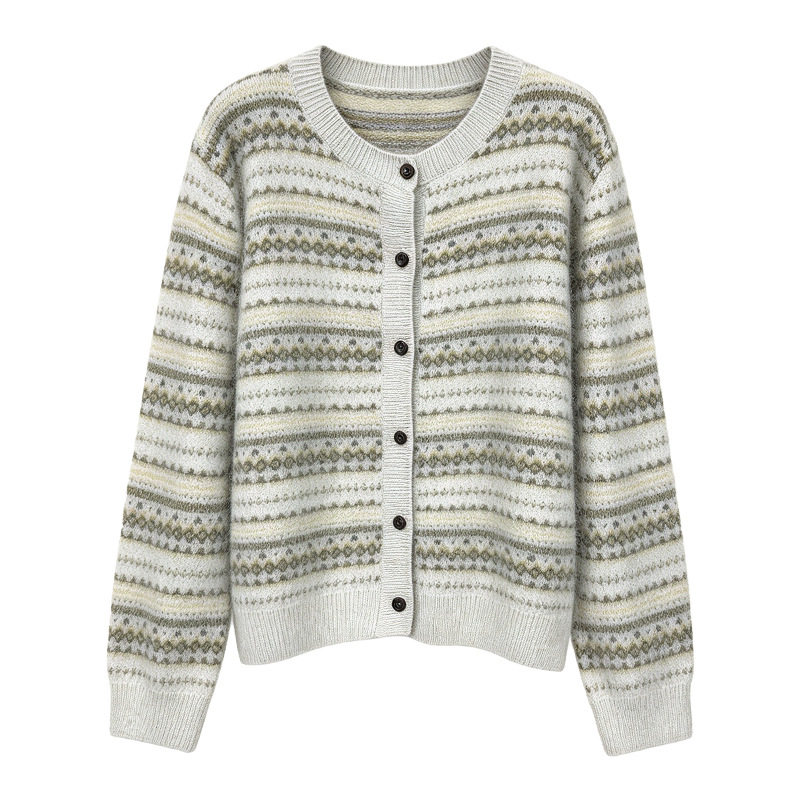 忆霏费尔岛提花羊毛羊绒开衫女