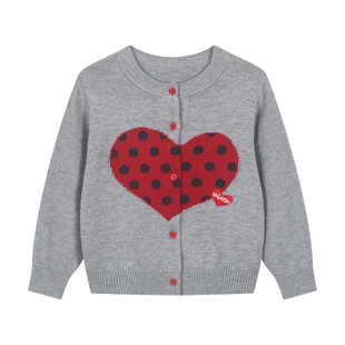 马拉丁童装儿童毛衣26新年款女小童爱心波点红色毛衣开衫