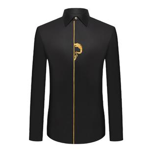 本派刺绣衬衫男款高级感中国风生肖龙绣花商务黑色纯棉短袖衬衣男