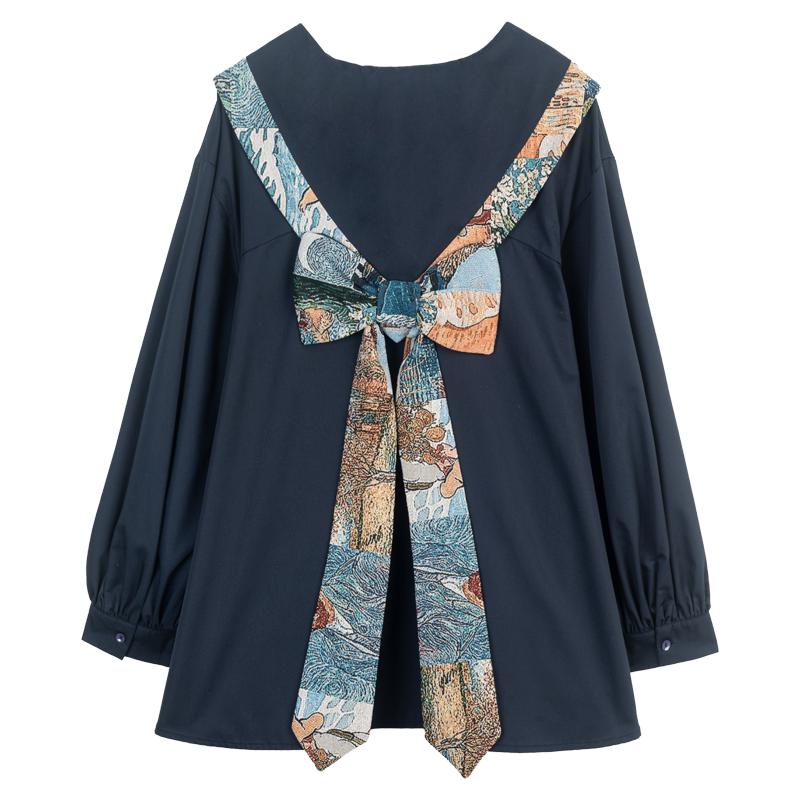 KEIKO 高级感提花蝴蝶结饰长袖衬衫25秋季复古风宽松娃娃装上衣