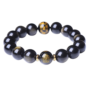 金曜石本命佛手链十二生肖属龙兔黑曜石佛珠手串男女文殊普贤菩萨